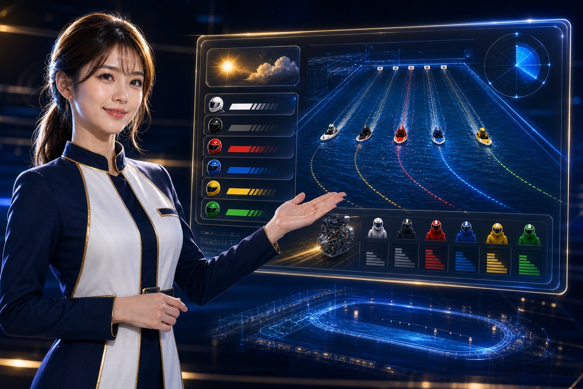 BoatSimの女性ナビゲーターが選手・モーター・気象のAI分析を説明する様子