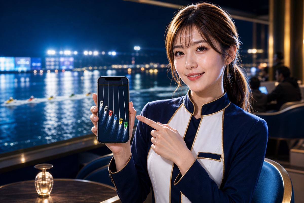 BoatSimの女性ナビゲーターがスマートフォンの3Dレース画面を案内する様子