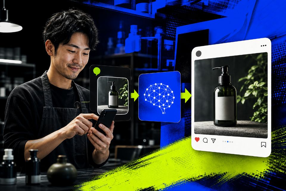 店舗スタッフがLINEに商品写真を送り、AIがInstagram投稿を作成するイメージ