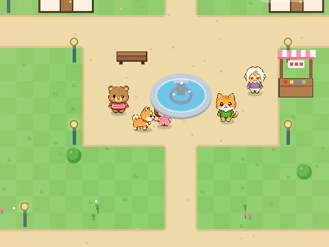 わんこさんぽのビジュアル。女の子と柴犬が噴水広場を動物の住民たちとおさんぽするドット絵